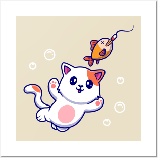 Cute Cat Catching Fish Cartoon Posters and Art